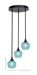 Empire Three Light Pendalier in Matte Black with Turquoise Textured Shade