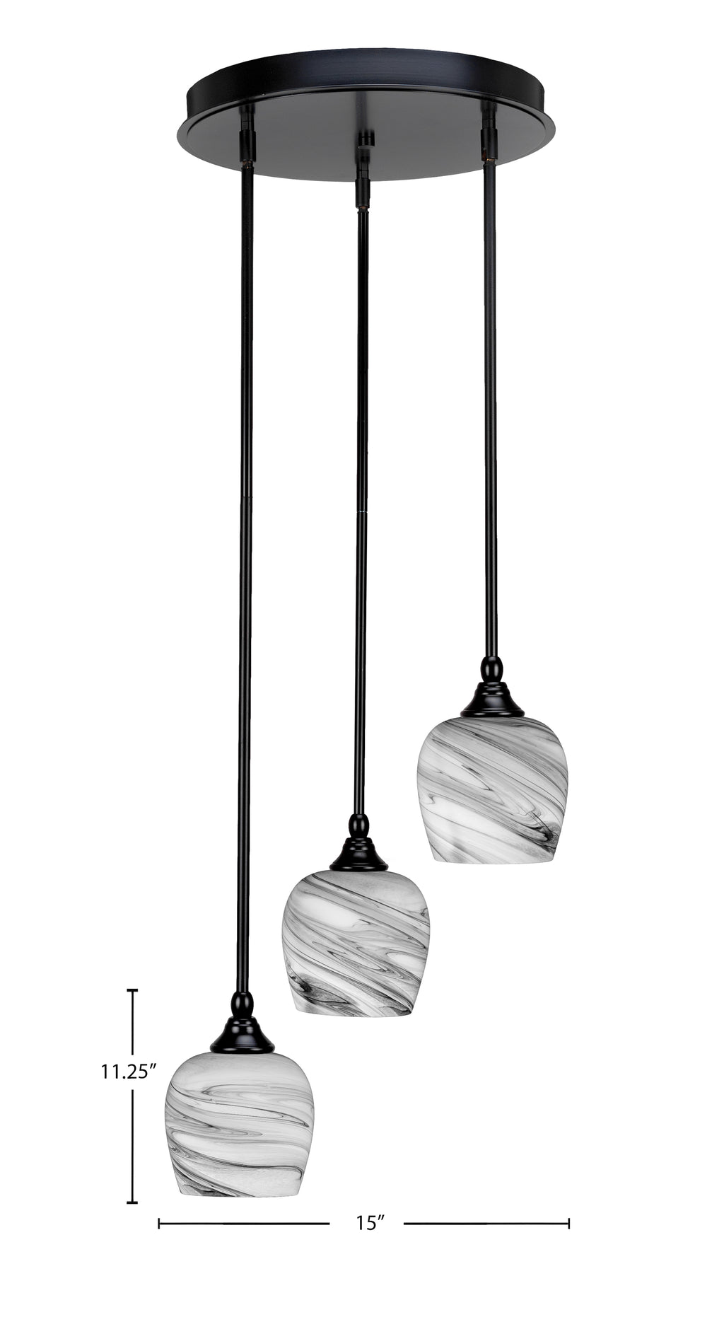 Empire Three Light Cluster Pendalier in Matte Black with 6" Onyx Swirl Shade