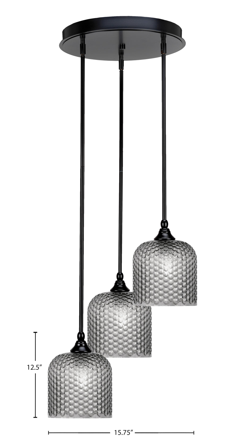 Empire Three Light Cluster Pendalier in Matte Black with 7" Smoke Textured Shade