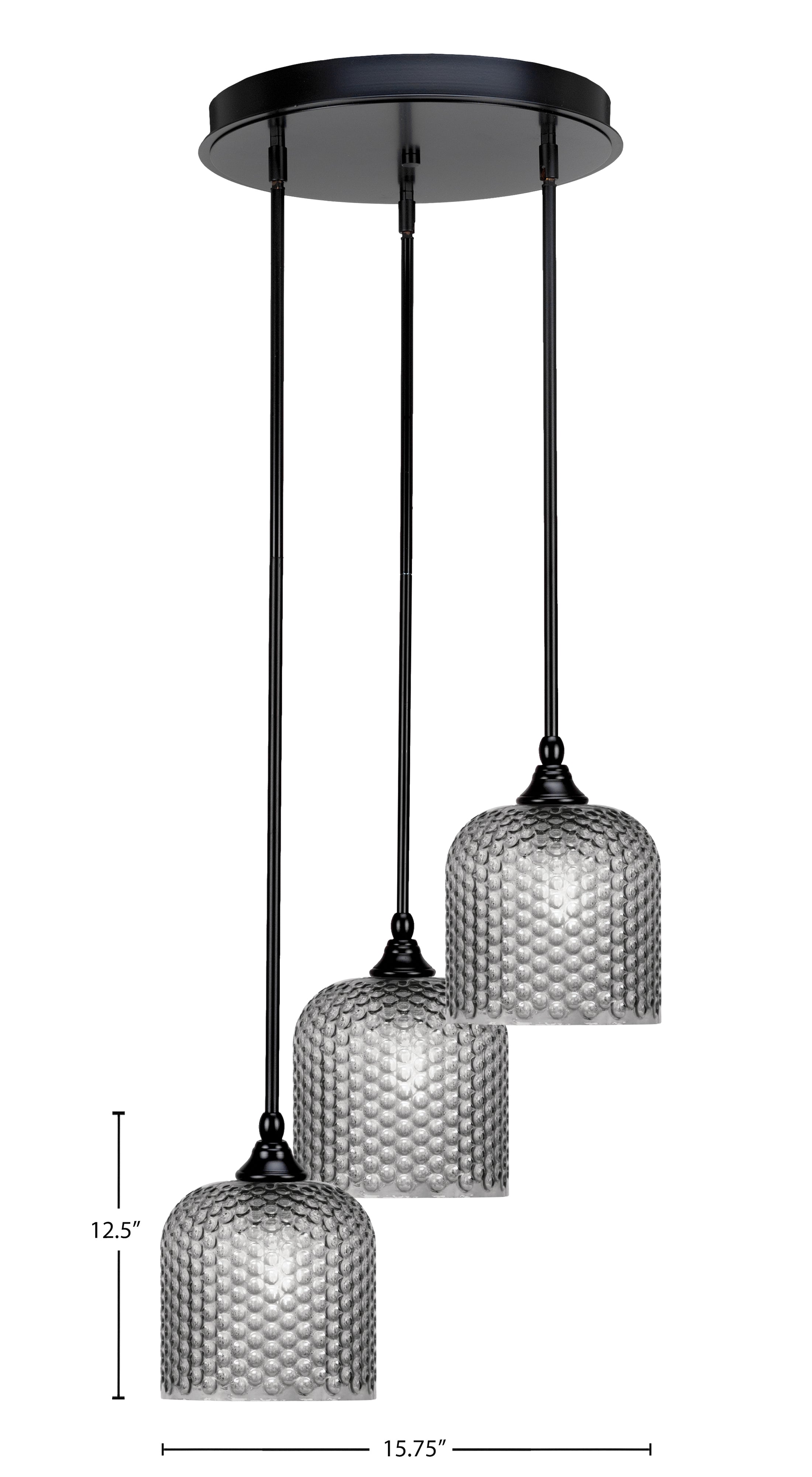 Empire Three Light Cluster Pendalier in Matte Black with 7" Smoke Textured Shade