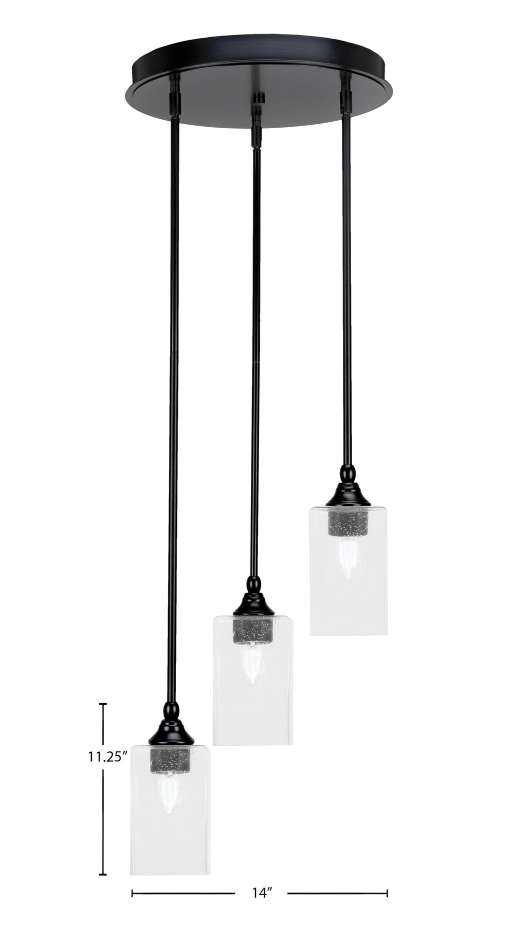 Empire Three Light Cluster Pendalier in Matte Black with 4" Square Clear Bubble Shade