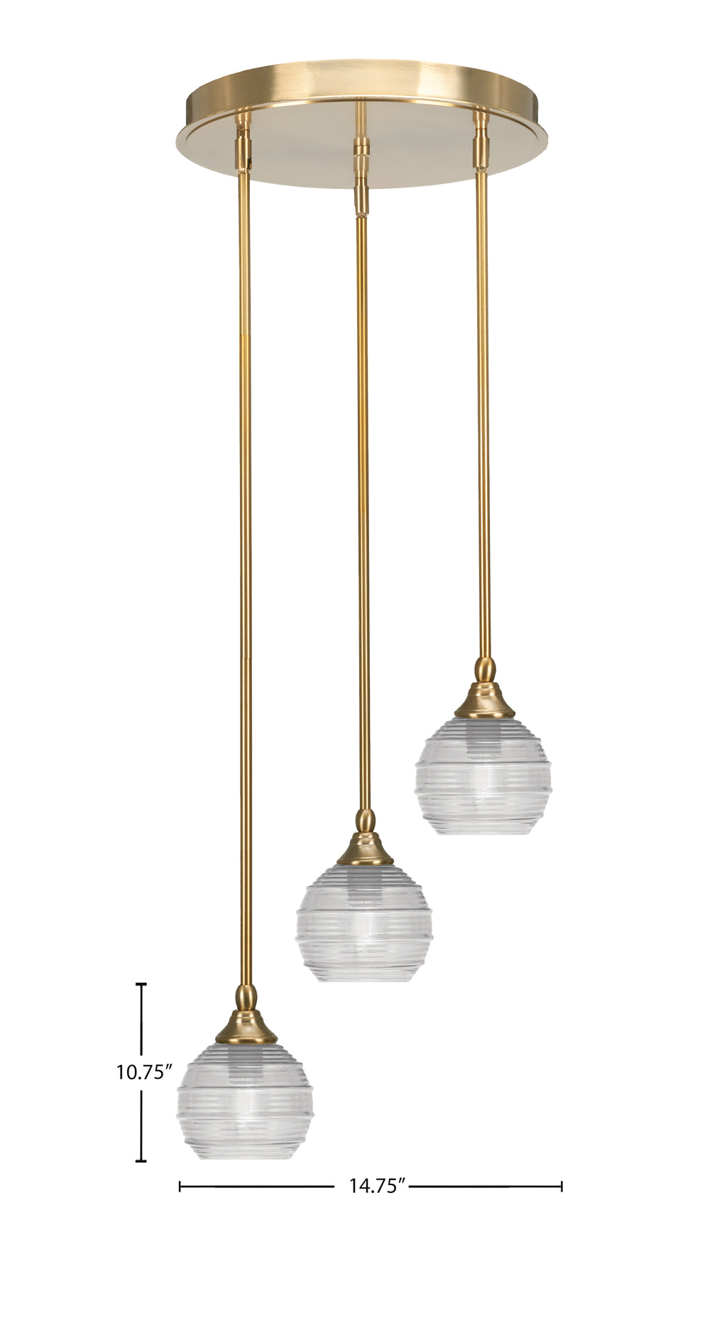 Empire Three Light Cluster Pendalier in New Age Brass with 6" Clear Ribbed Shade