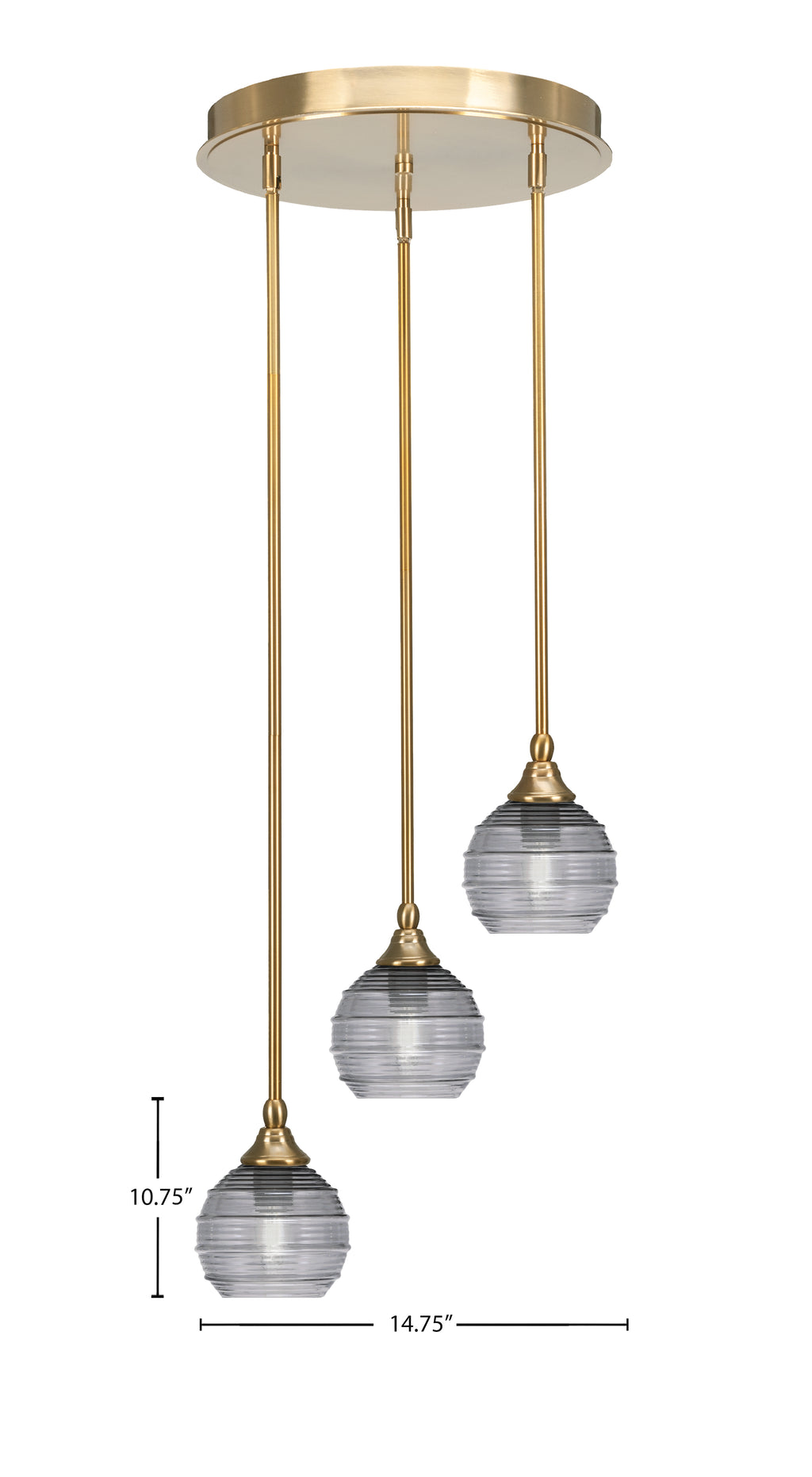 Empire Three Light Cluster Pendalier in New Age Brass with 6" Smoke Ribbed Shade