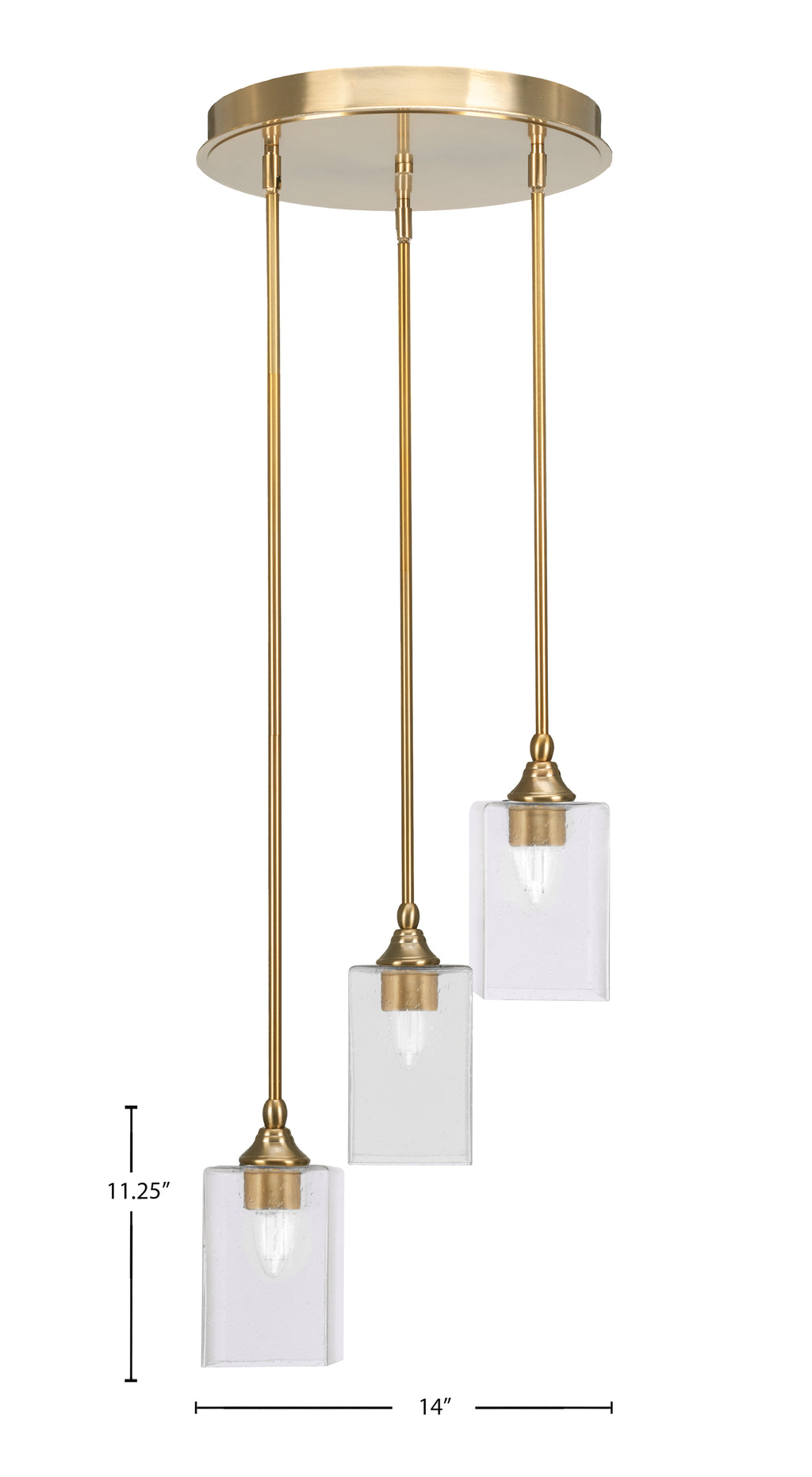 Empire Three Light Cluster Pendalier in New Age Brass with 4" Square Clear Bubble Shade