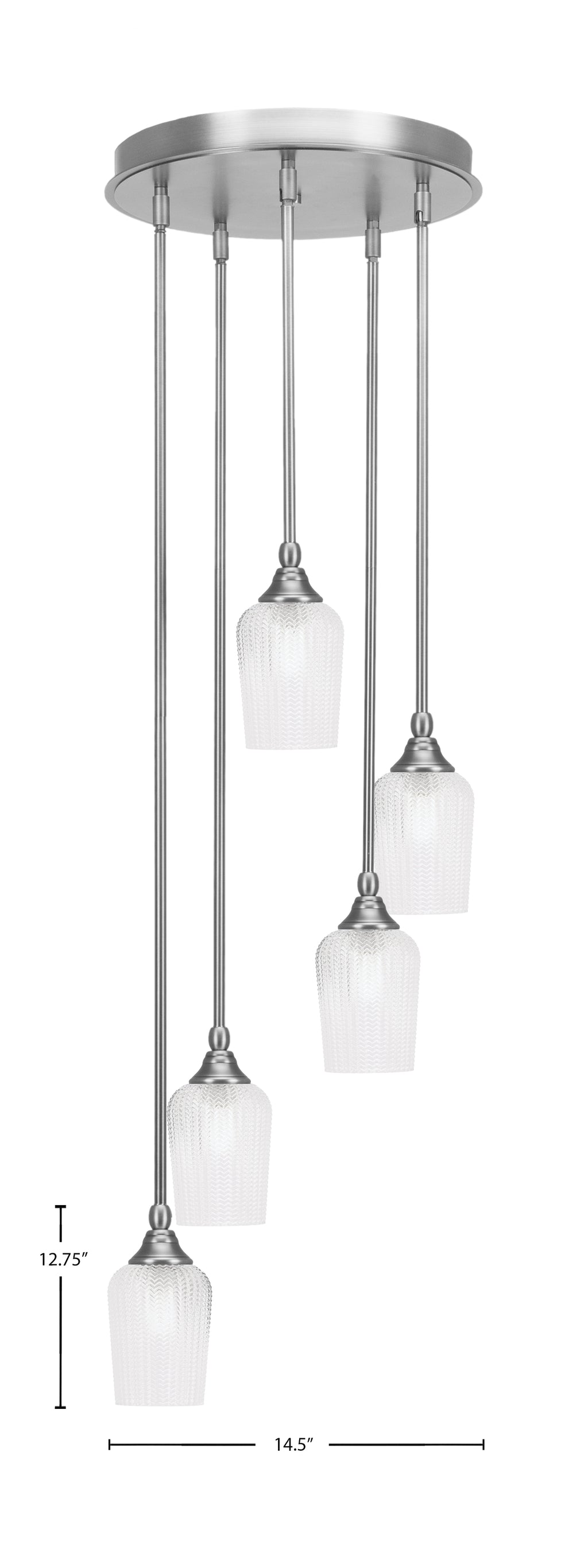 Empire Five Light Pendalier in Brushed Nickel with 5" Clear Textured Shade