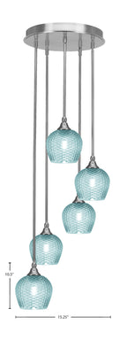 Empire Five Light Pendalier in Brushed Nickel with Turquoise Textured Shade