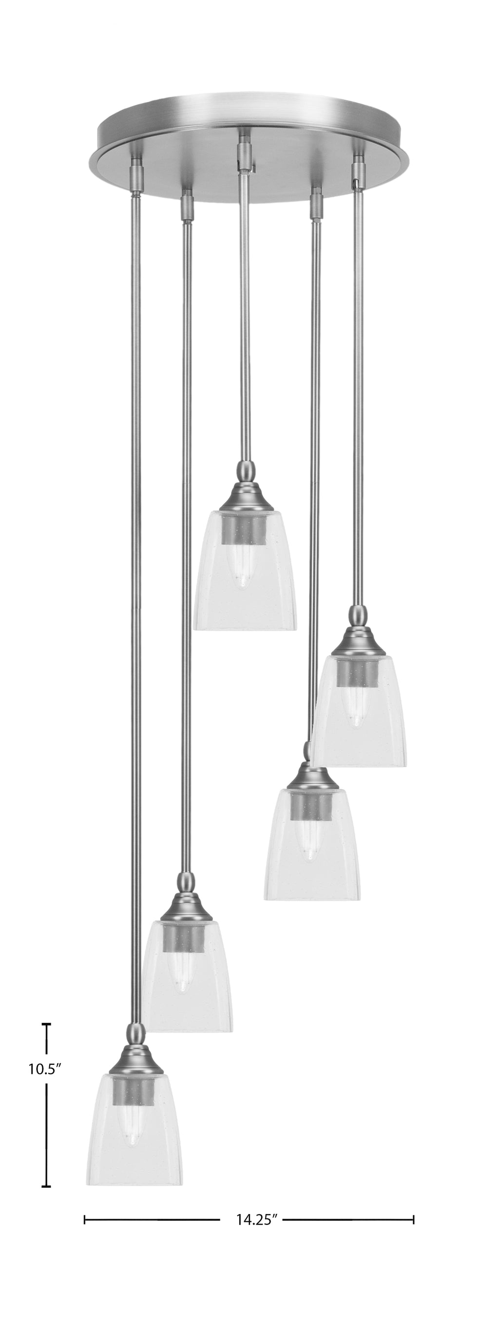 Empire Five Light Pendalier in Brushed Nickel with 4.5" Square Clear Bubble Shade