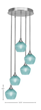 Empire Five Light Pendalier in Brushed Nickel with Turquoise Textured Shade