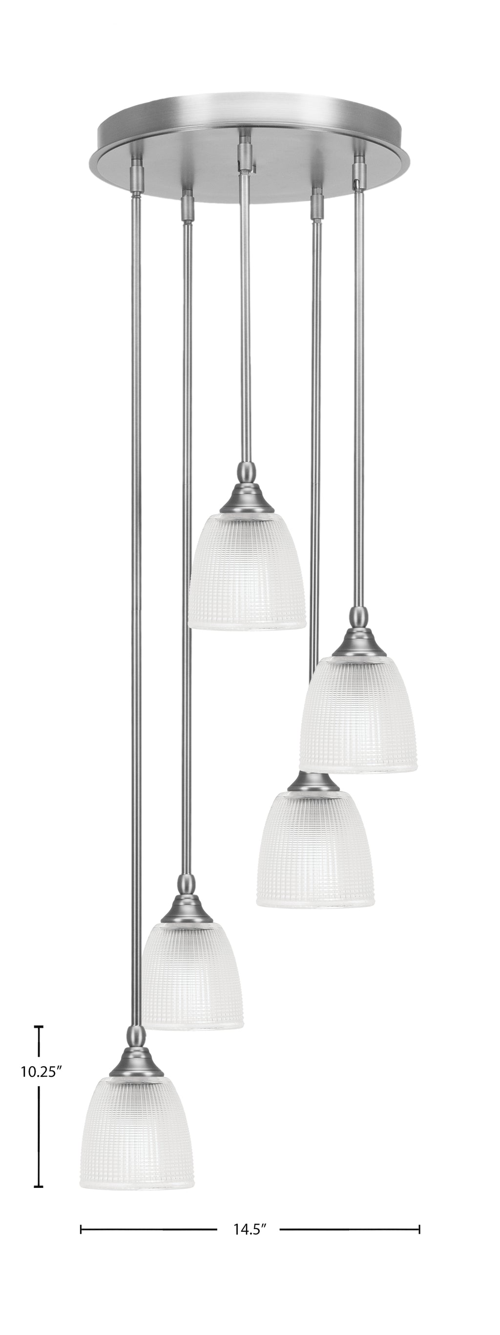 Empire Five Light Cluster Pendalier in Brushed Nickel with 5" Clear Ribbed Shade