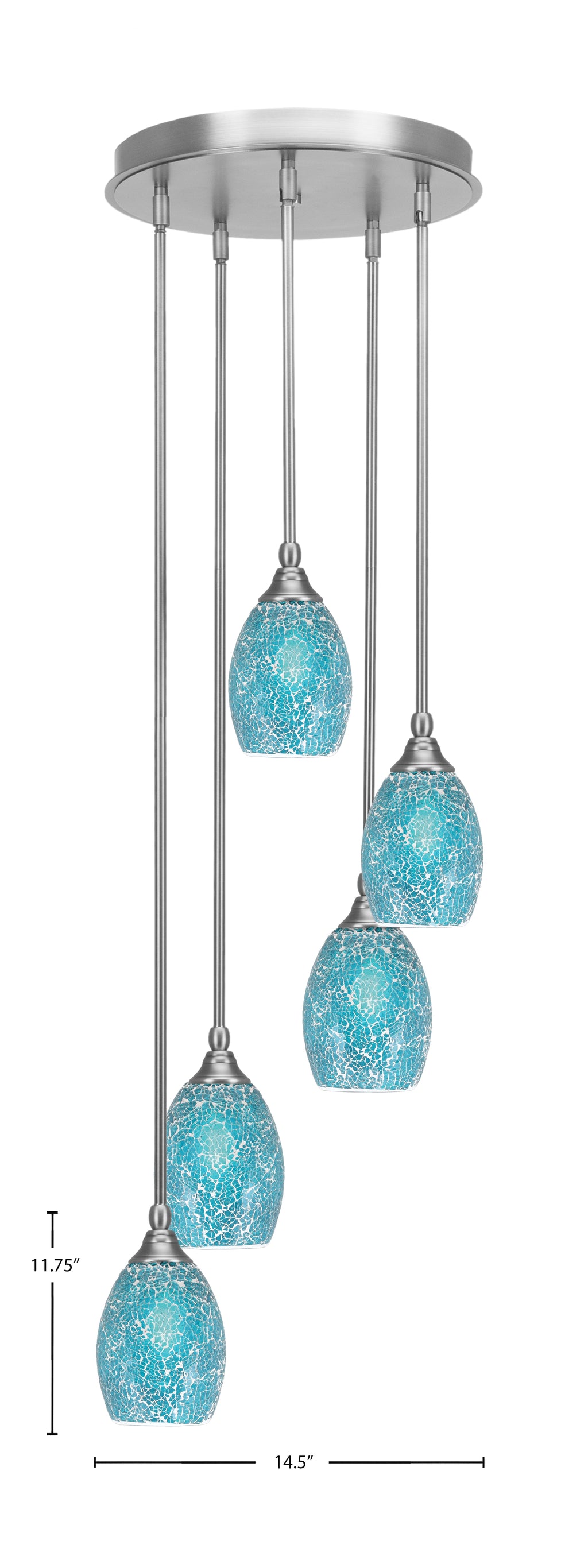 Empire Five Light Pendalier in Brushed Nickel with 5" Turquoise Fusion Shade
