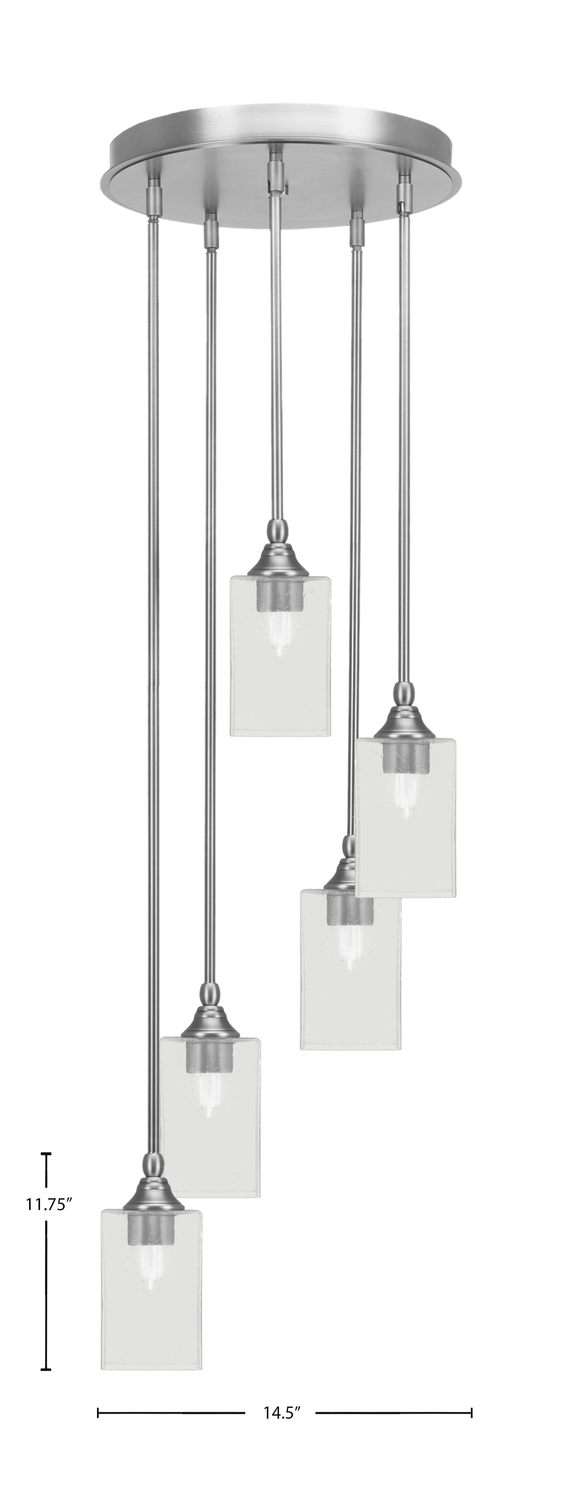 Empire Five Light Pendalier in Brushed Nickel with 4" Square Clear Bubble Shade