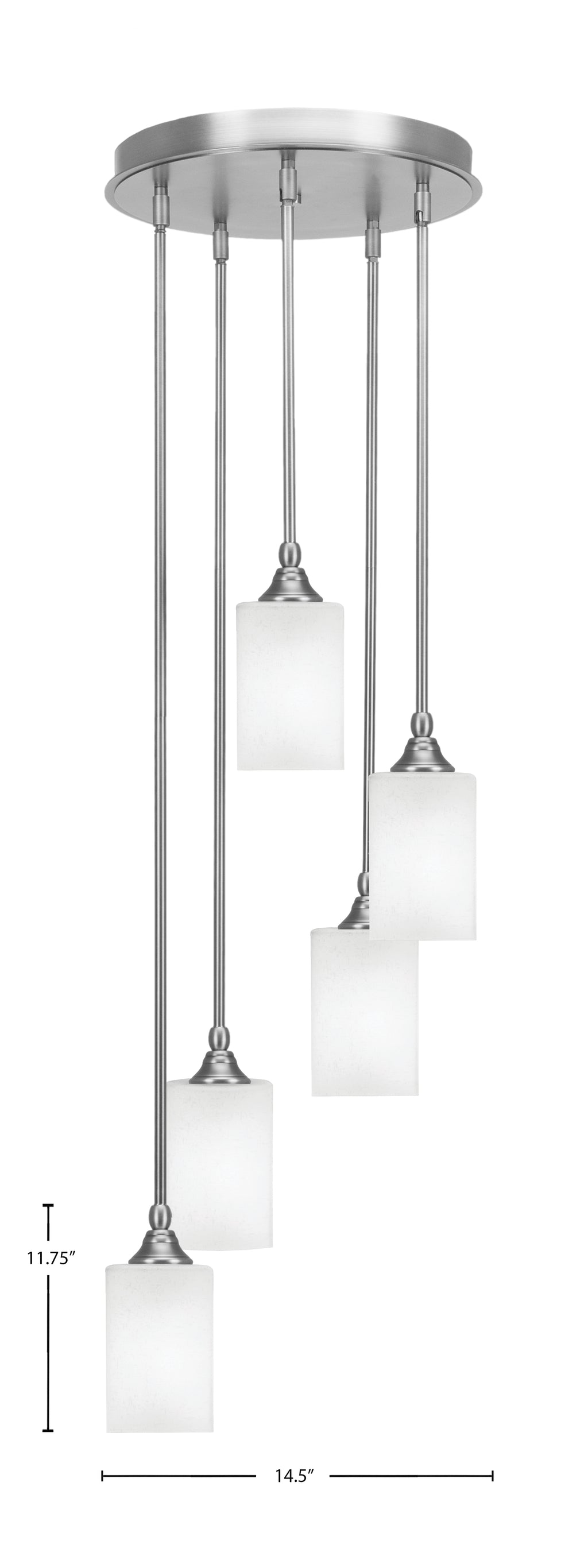 Empire Five Light Pendalier in Brushed Nickel with 4" Square White Muslin Shade