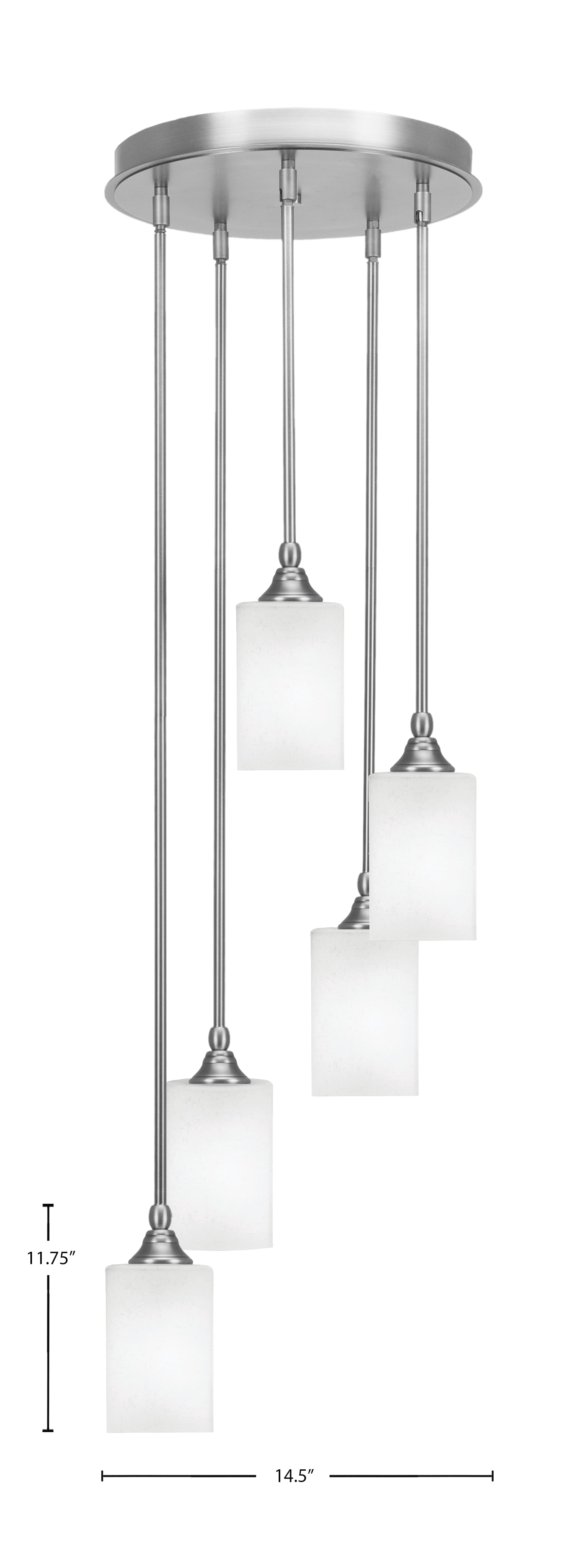 Empire Five Light Pendalier in Brushed Nickel with 4" Square White Muslin Shade
