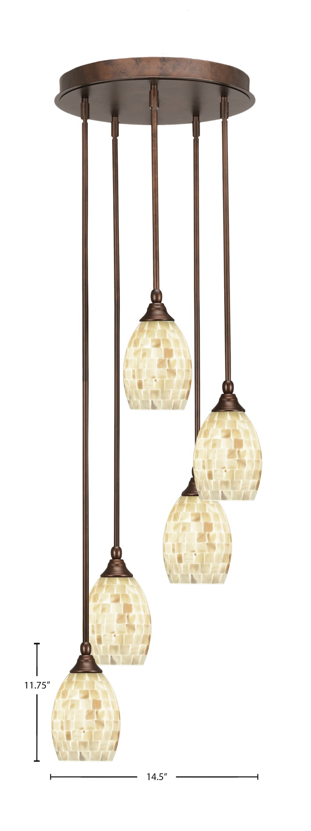 Empire Five Light Pendalier in Bronze with 5" Ivory Glaze Seashell Shade