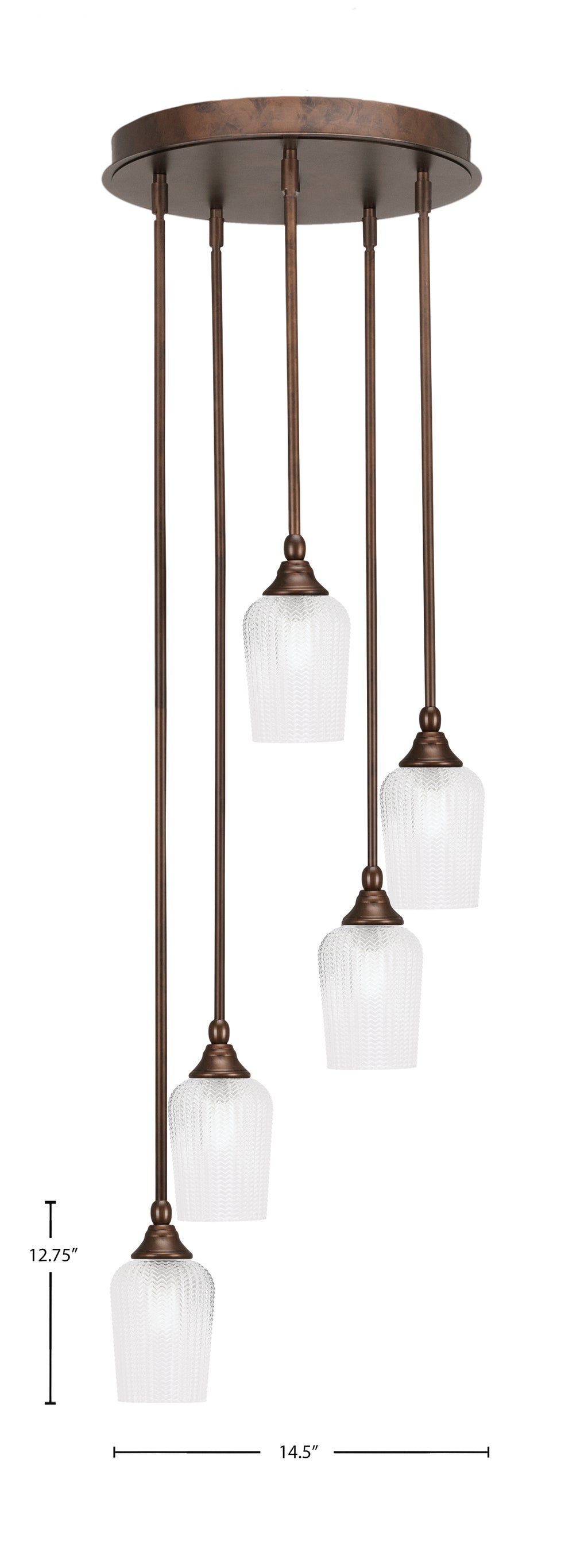 Empire Five Light Pendalier in Bronze with 5" Clear Textured Shade