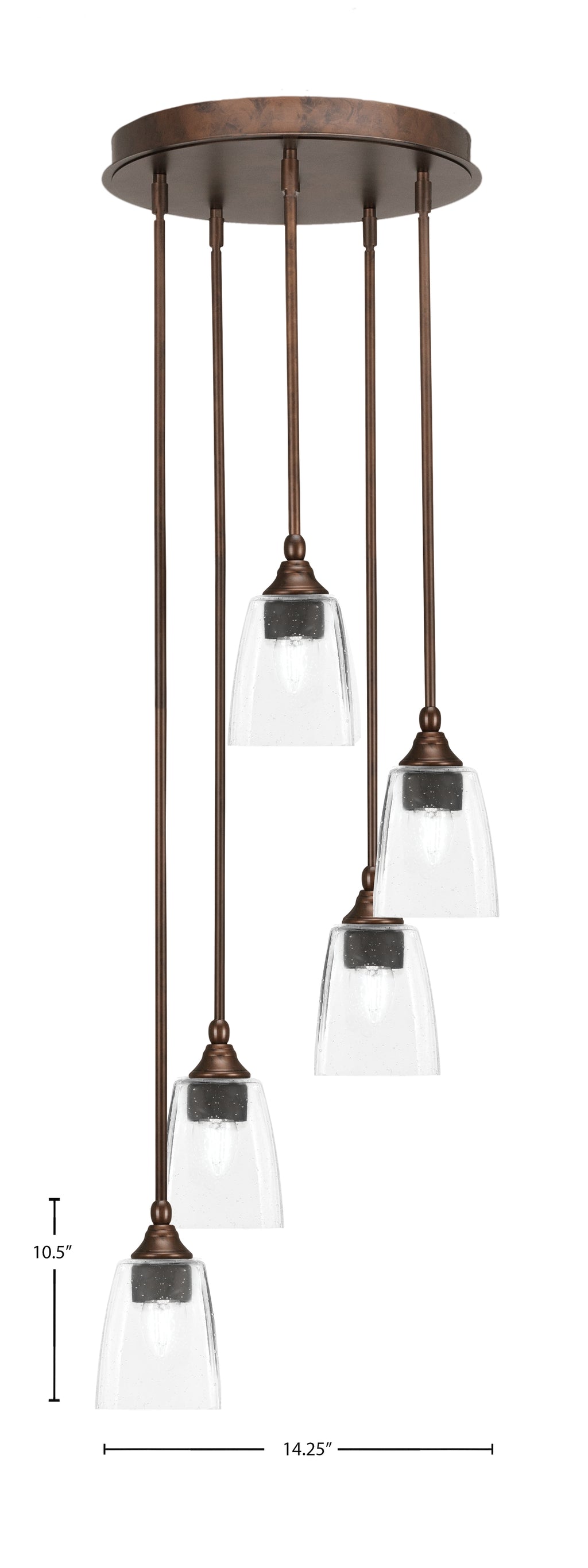Empire Five Light Pendalier in Bronze with 4.5" Square Clear Bubble Shade