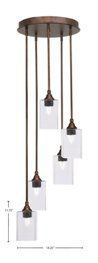 Empire Five Light Pendalier in Bronze with 4" Square Clear Bubble Shade
