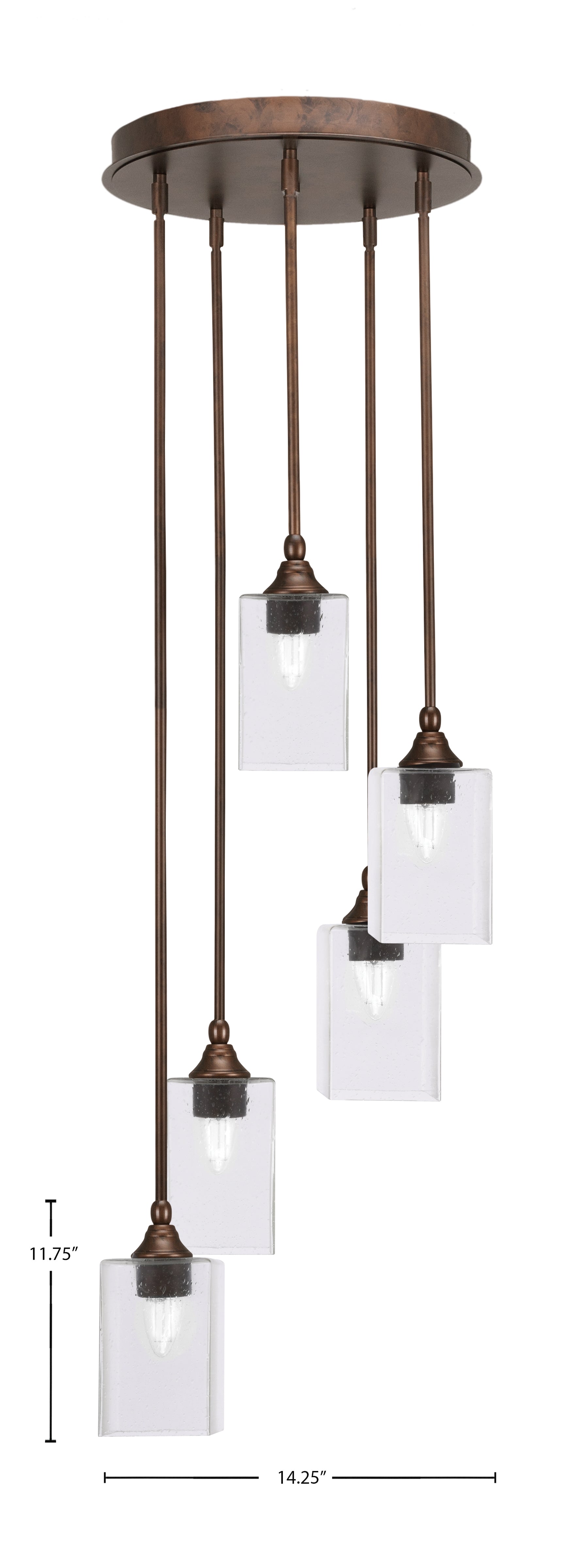 Empire Five Light Pendalier in Bronze with 4" Square Clear Bubble Shade