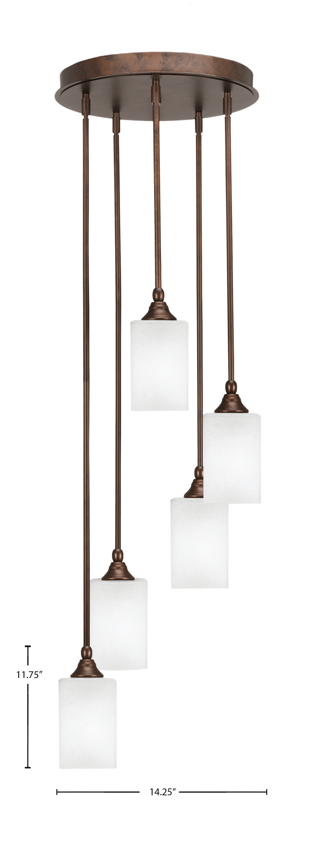 Empire Five Light Pendalier in Bronze with 4" Square White Muslin Shade