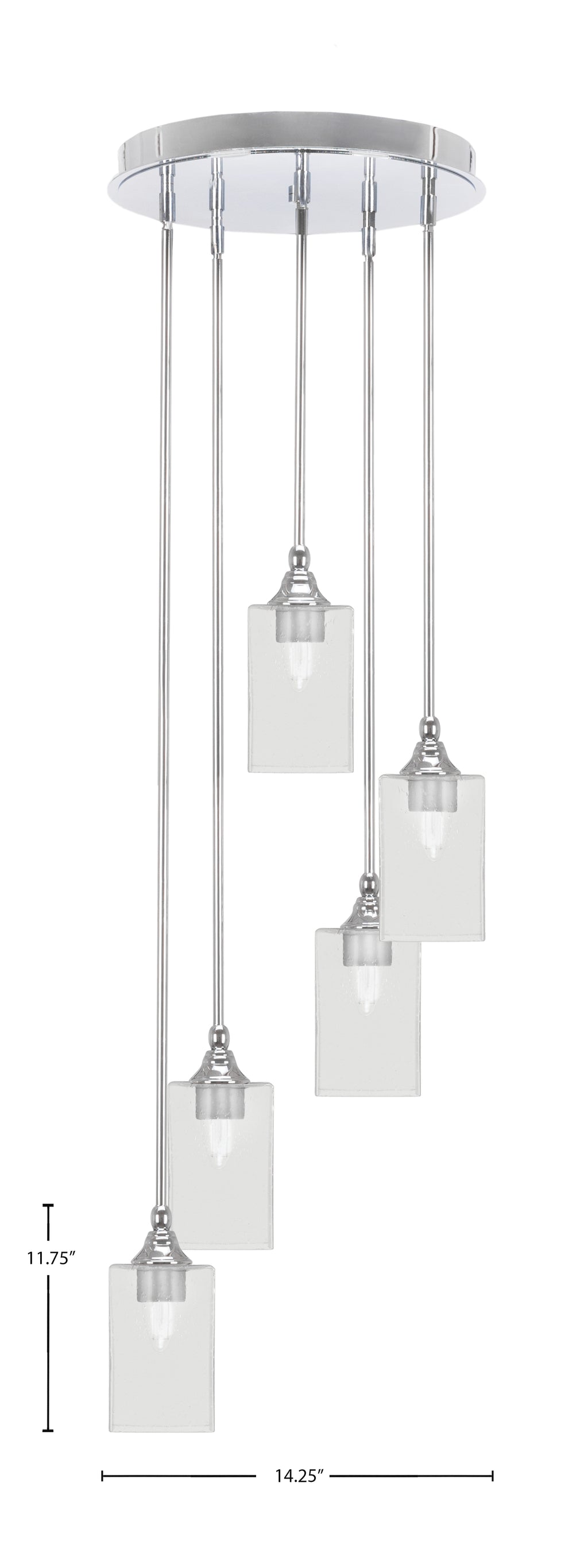 Empire Five Light Pendalier in Chrome with 4" Square Clear Bubble Shade