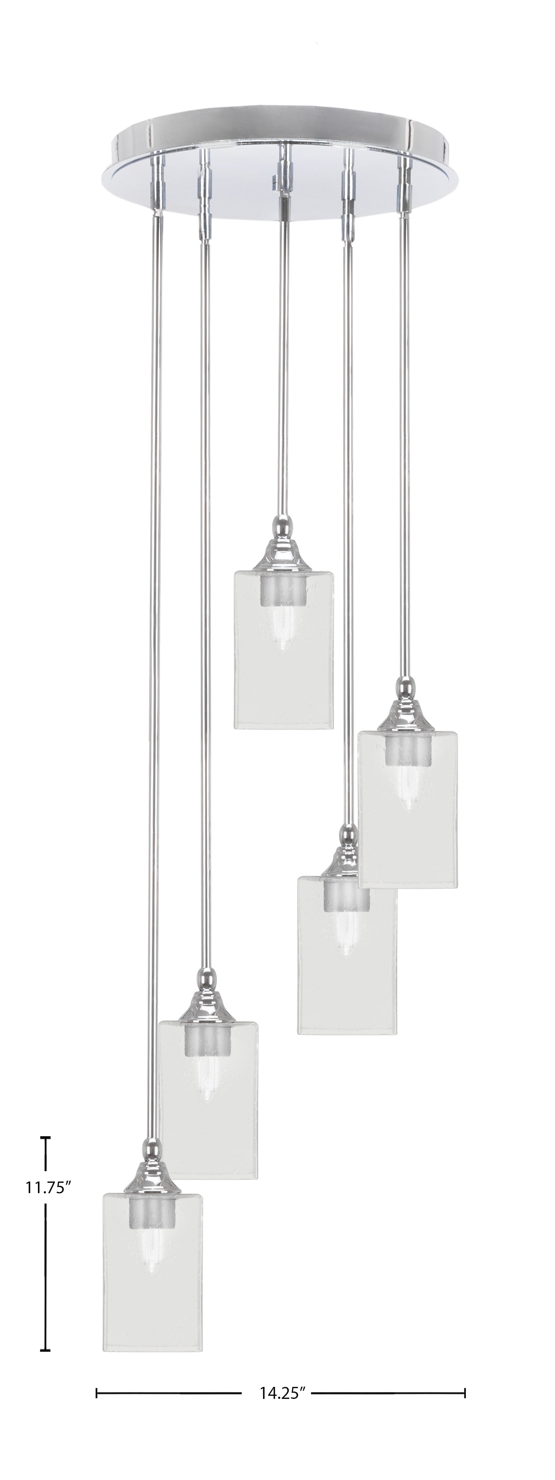 Empire Five Light Pendalier in Chrome with 4" Square Clear Bubble Shade
