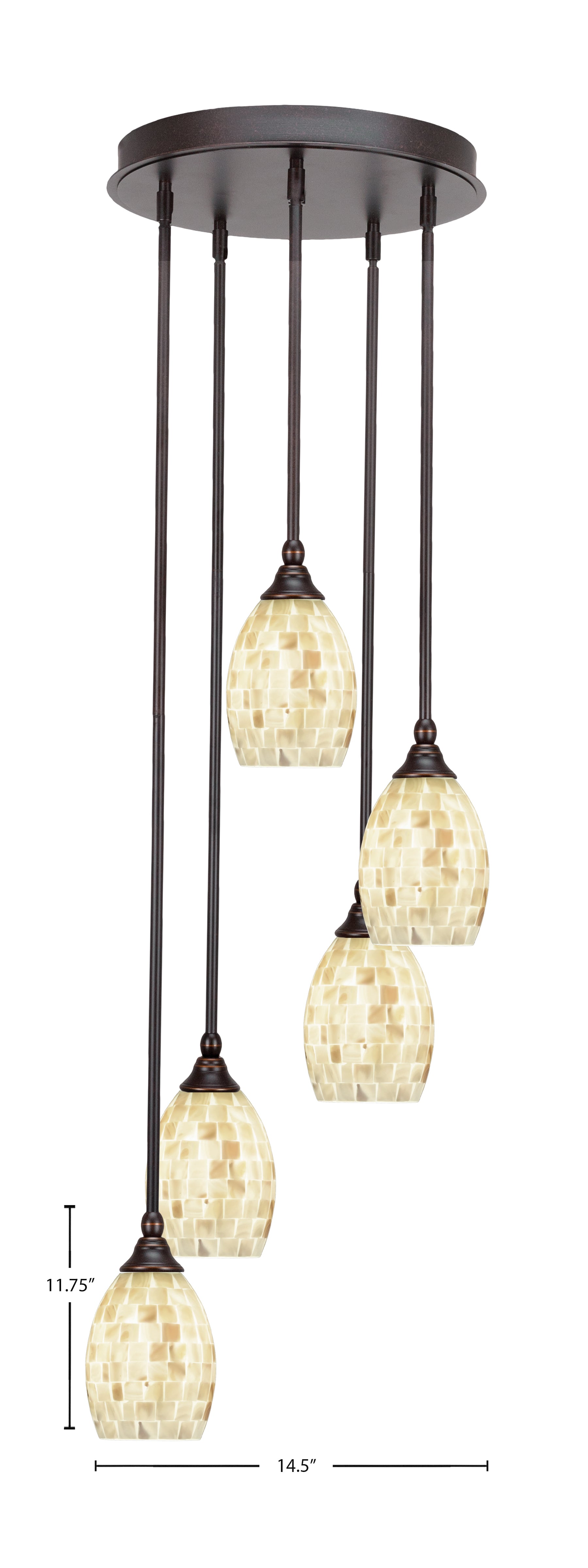 Empire Five Light Pendalier in Dark Granite with 5" Ivory Glaze Seashell Shade