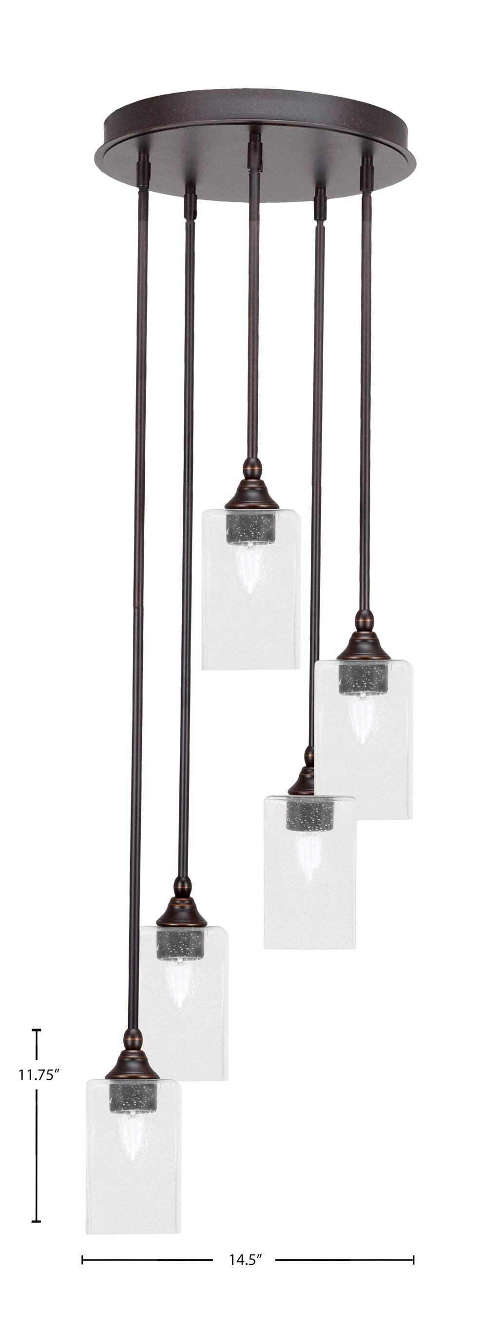 Empire Five Light Pendalier in Dark Granite with 4" Square Clear Bubble Shade