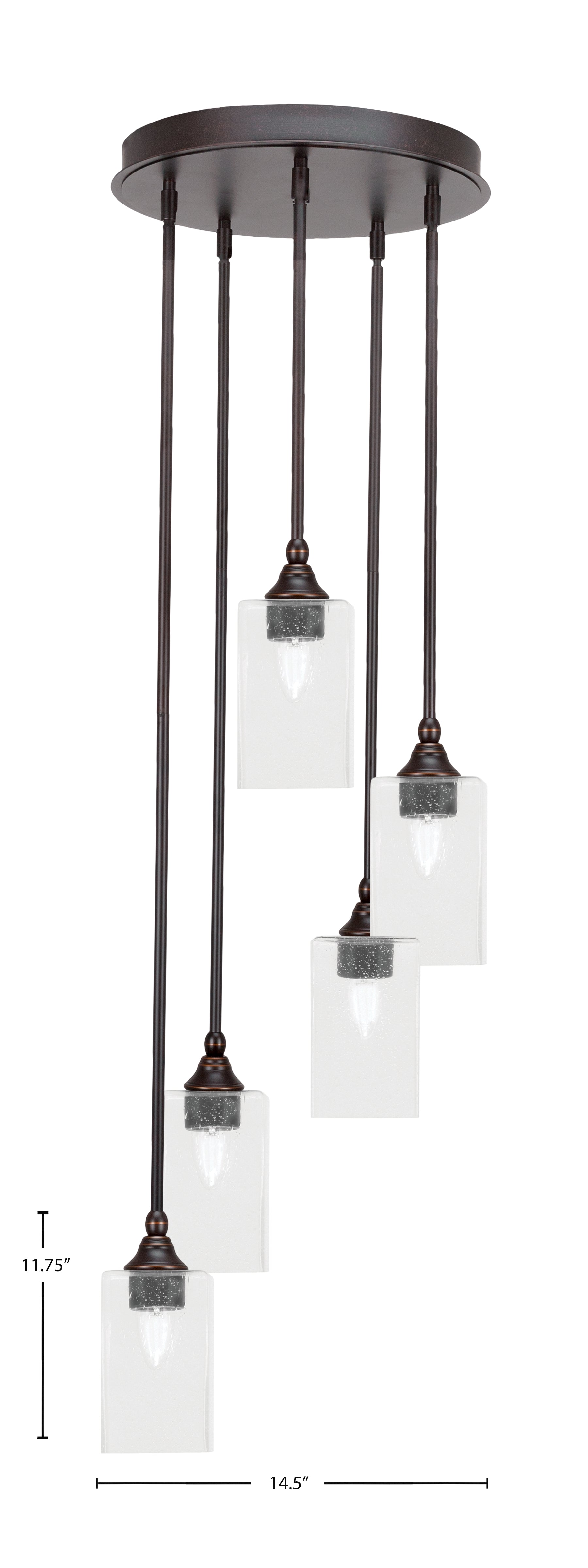 Empire Five Light Pendalier in Dark Granite with 4" Square Clear Bubble Shade