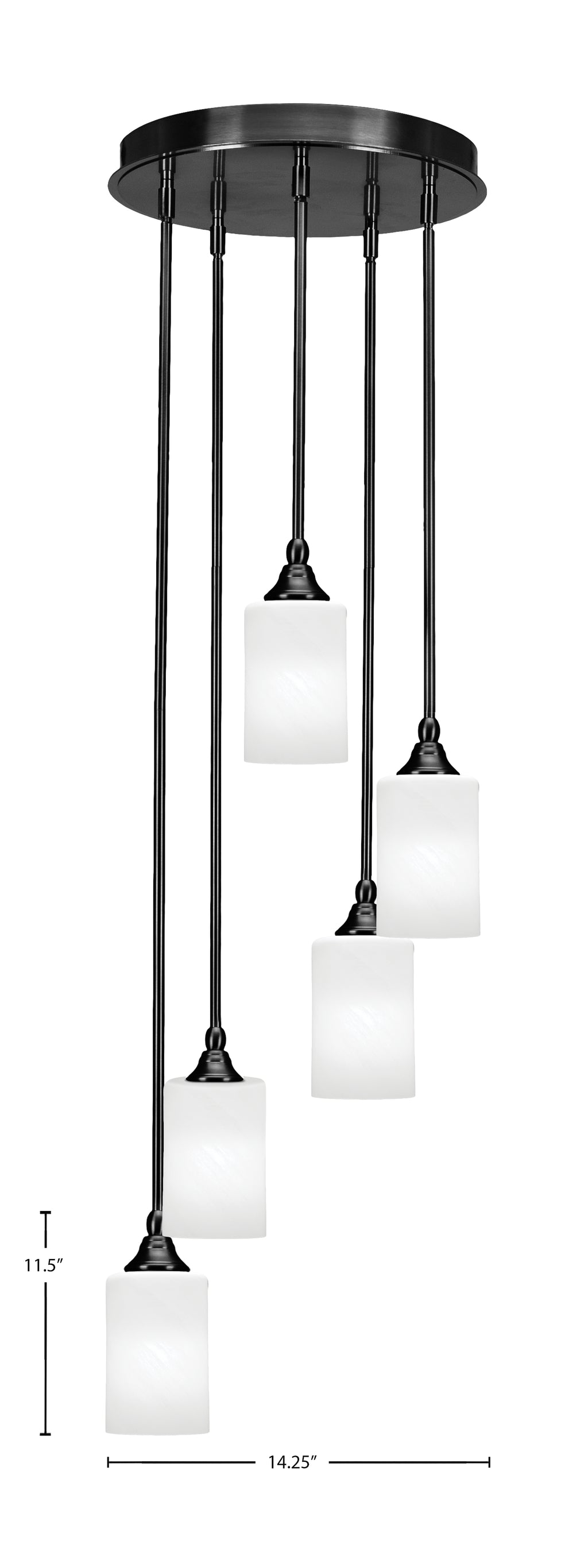 Empire Five Light Pendalier in Matte Black with 4" White Marble Shade