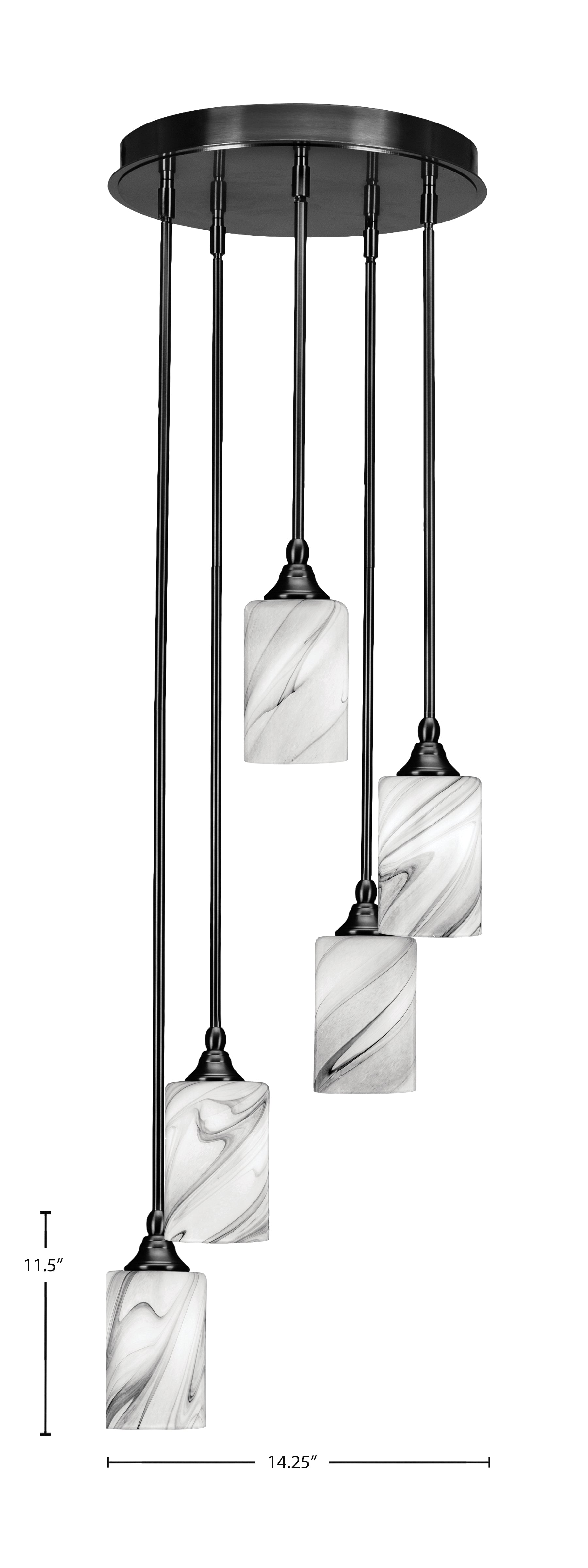 Empire Five Light Pendalier in Matte Black with 4" Onyx Swirl Shade