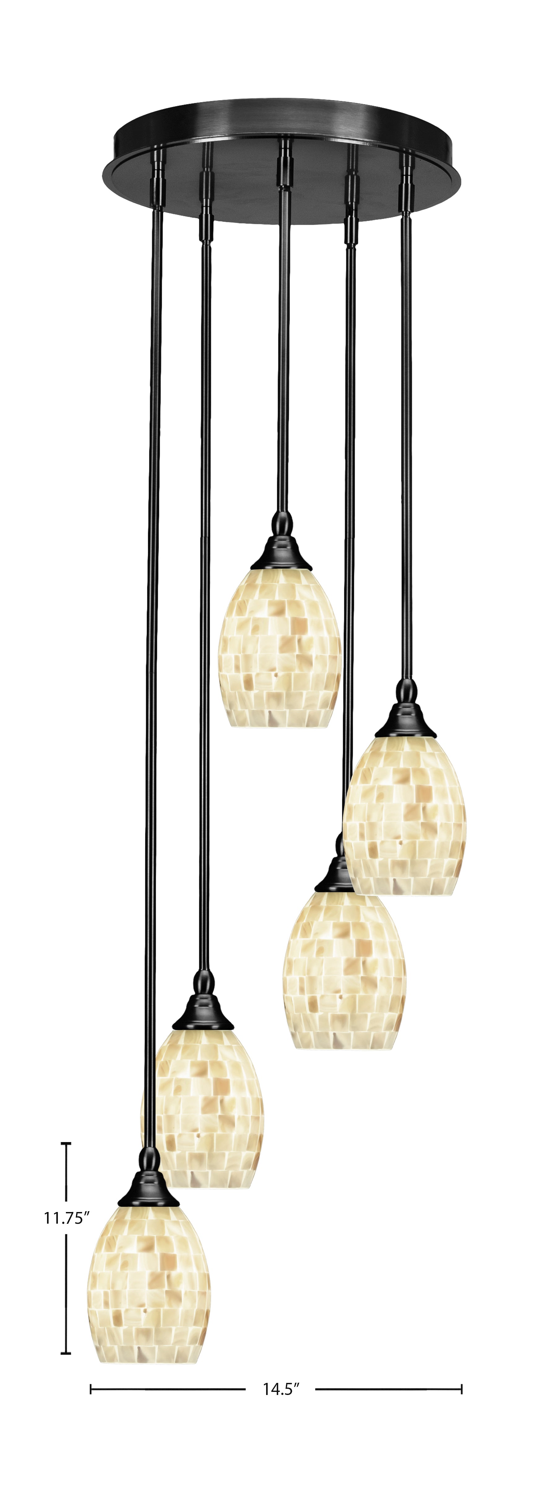 Empire Five Light Pendalier in Matte Black with 5" Ivory Glaze Seashell Shade