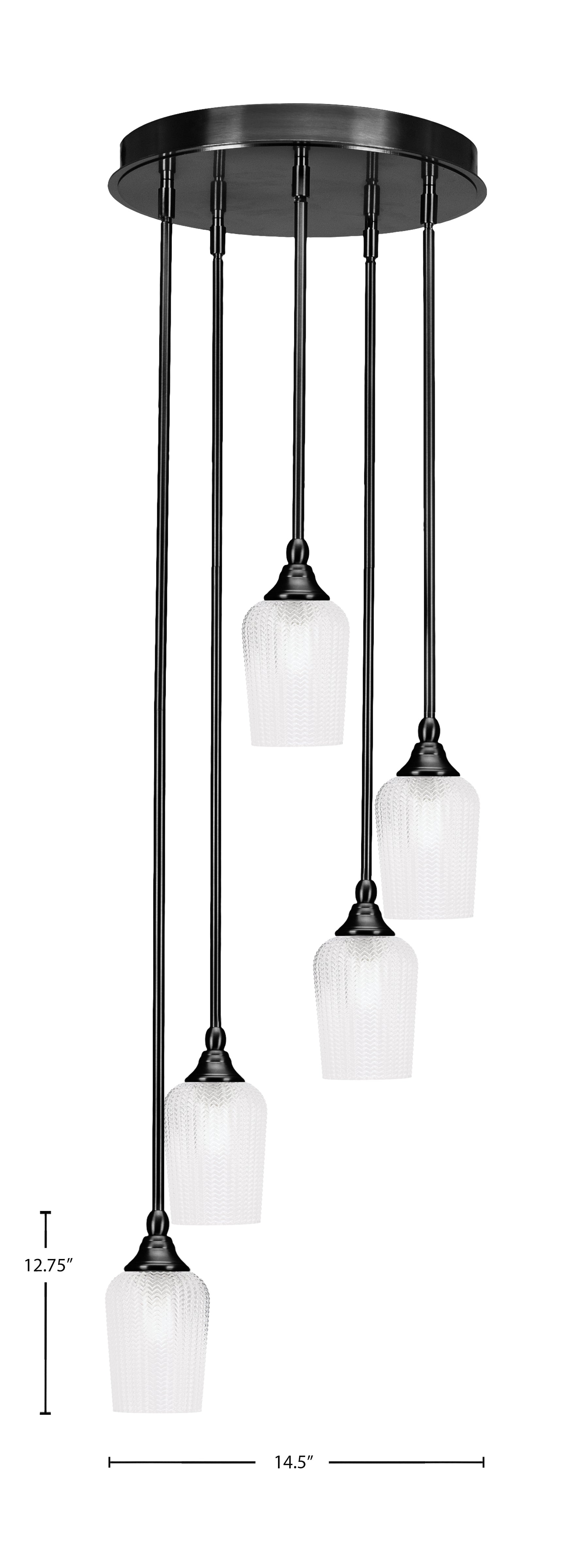 Empire Five Light Pendalier in Matte Black with 5" Clear Textured Shade