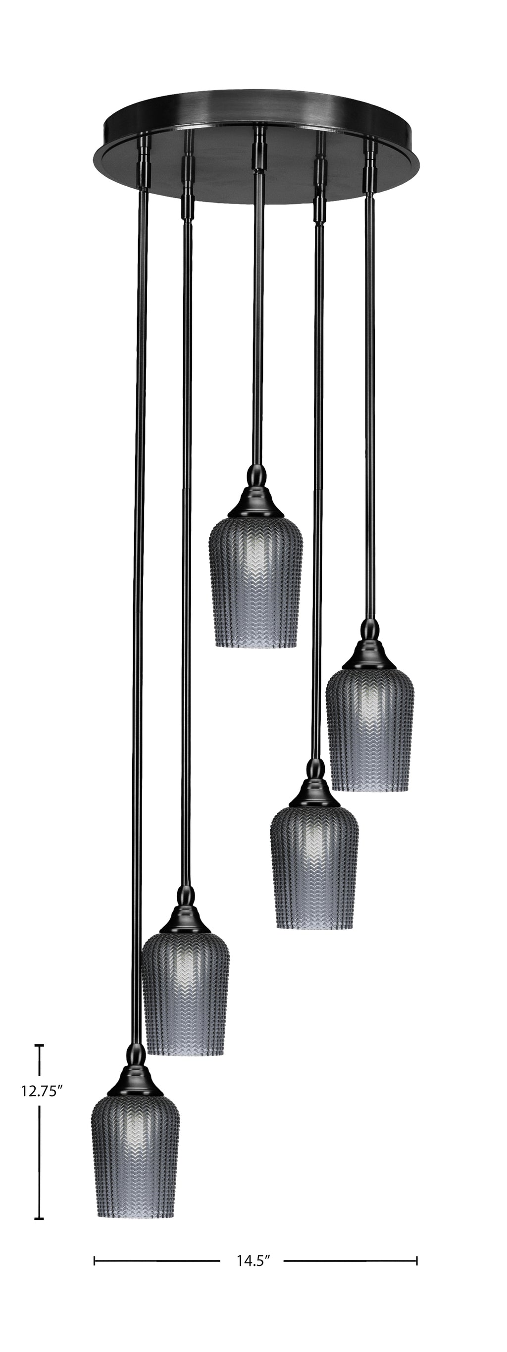 Empire Five Light Pendalier in Matte Black with 5" Smoke Textured Shade