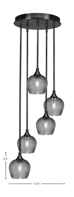 Empire Five Light Pendalier in Matte Black with Smoke Textured Shade