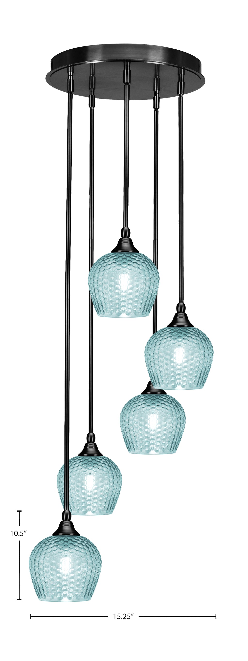 Empire Five Light Pendalier in Matte Black with Turquoise Textured Shade