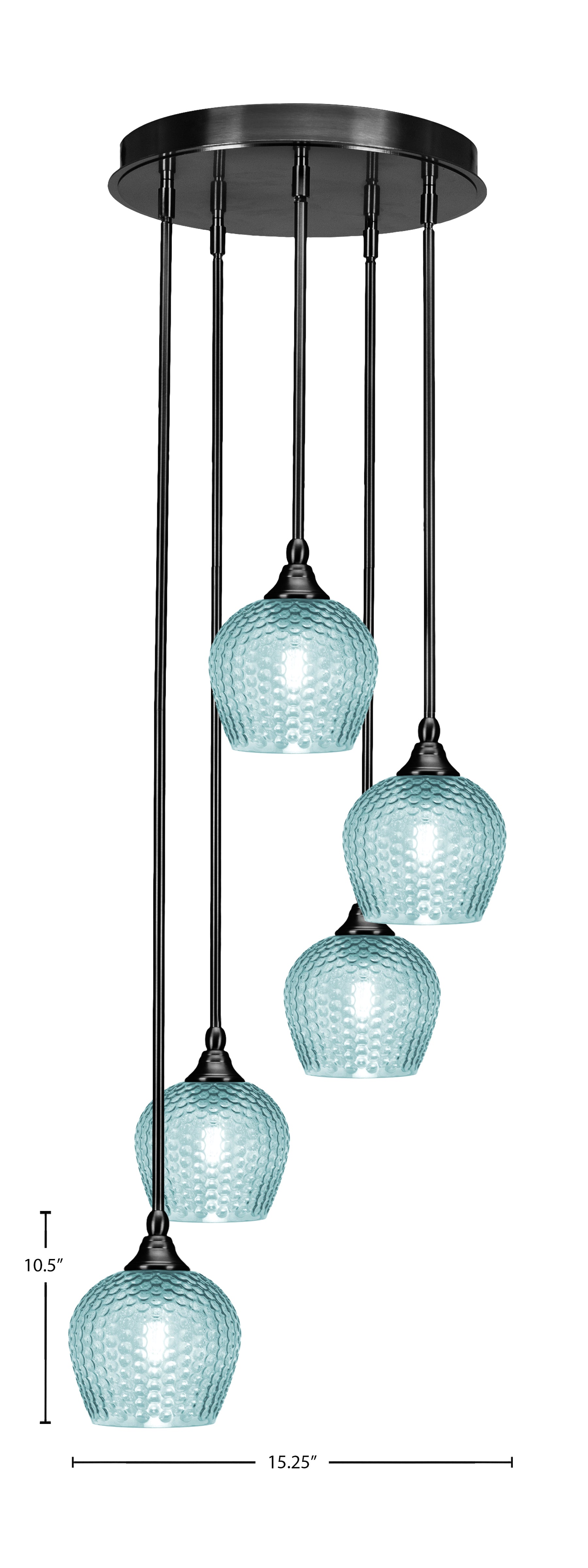 Empire Five Light Pendalier in Matte Black with Turquoise Textured Shade