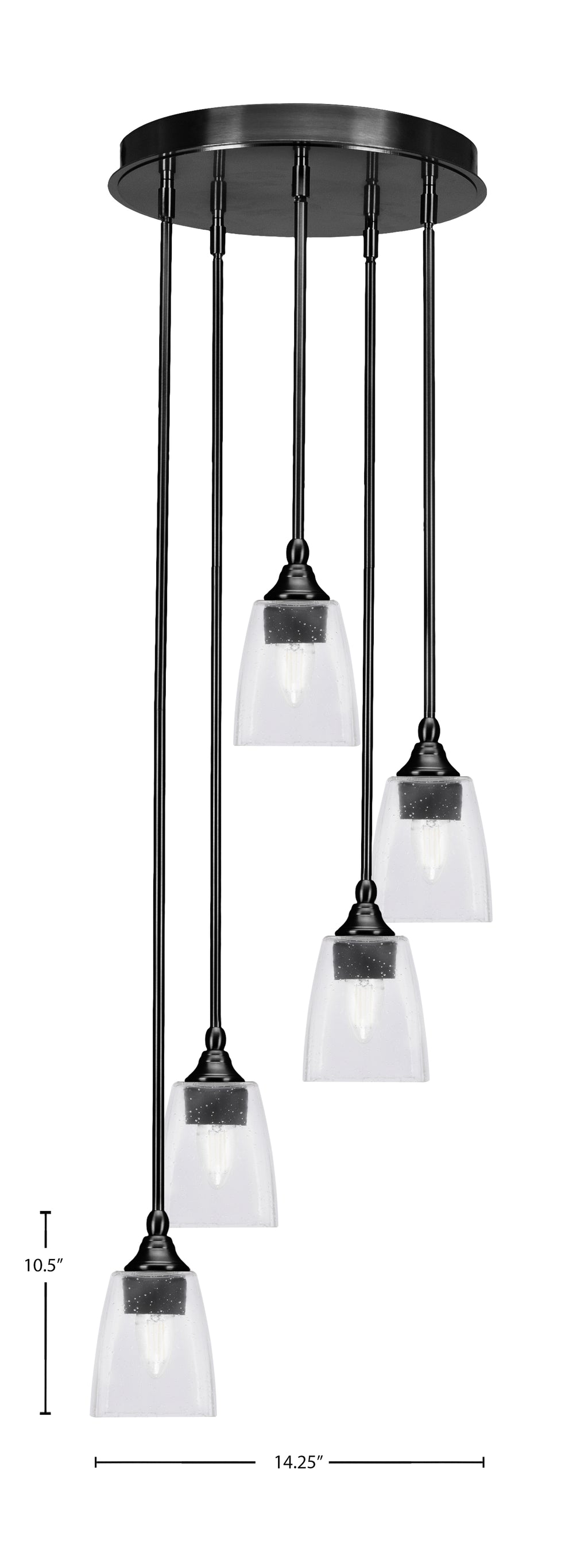Empire Five Light Pendalier in Matte Black with 4.5" Square Clear Bubble Shade
