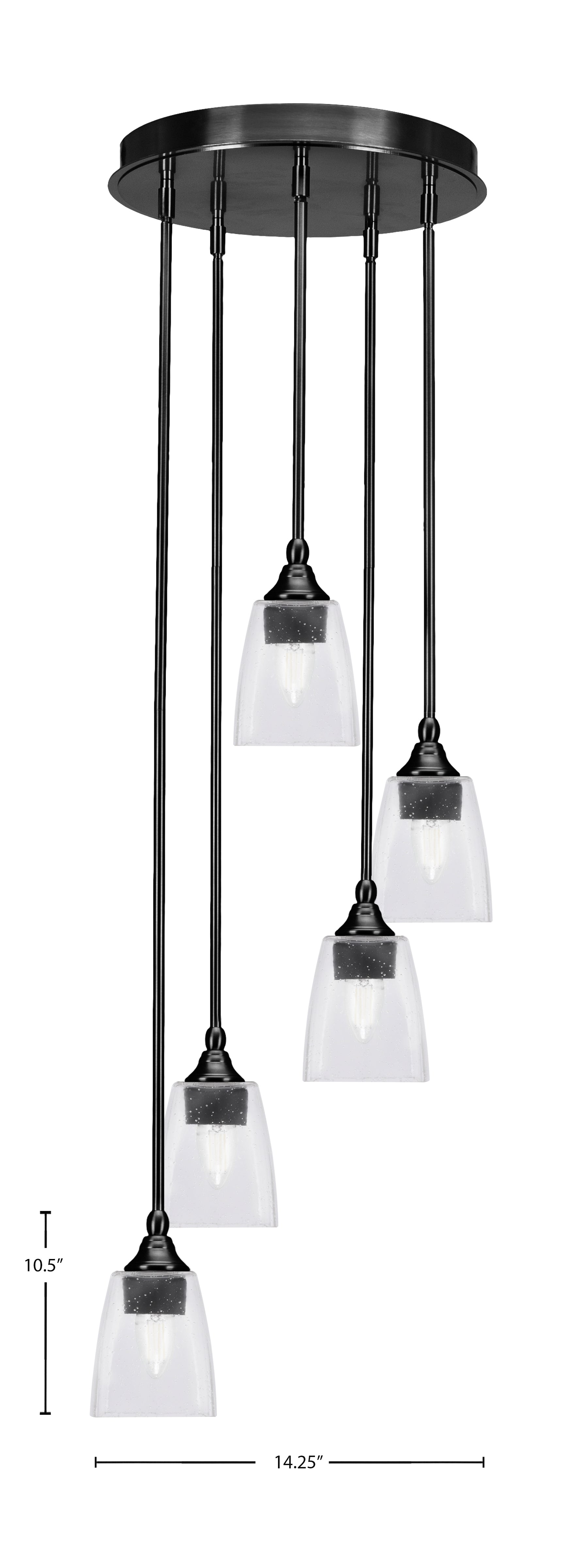 Empire Five Light Pendalier in Matte Black with 4.5" Square Clear Bubble Shade