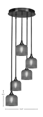 Empire Five Light Pendalier in Matte Black with Smoke Textured Shade