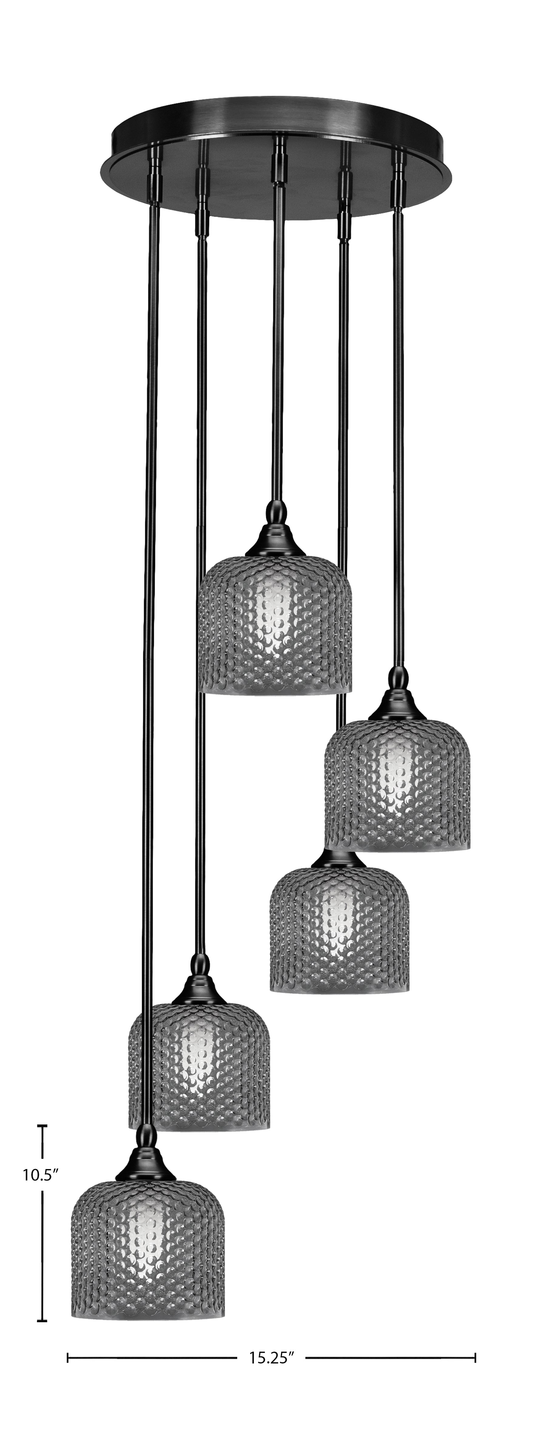 Empire Five Light Pendalier in Matte Black with Smoke Textured Shade