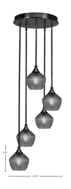 Empire Five Light Pendalier in Matte Black with Smoke Textured Shade
