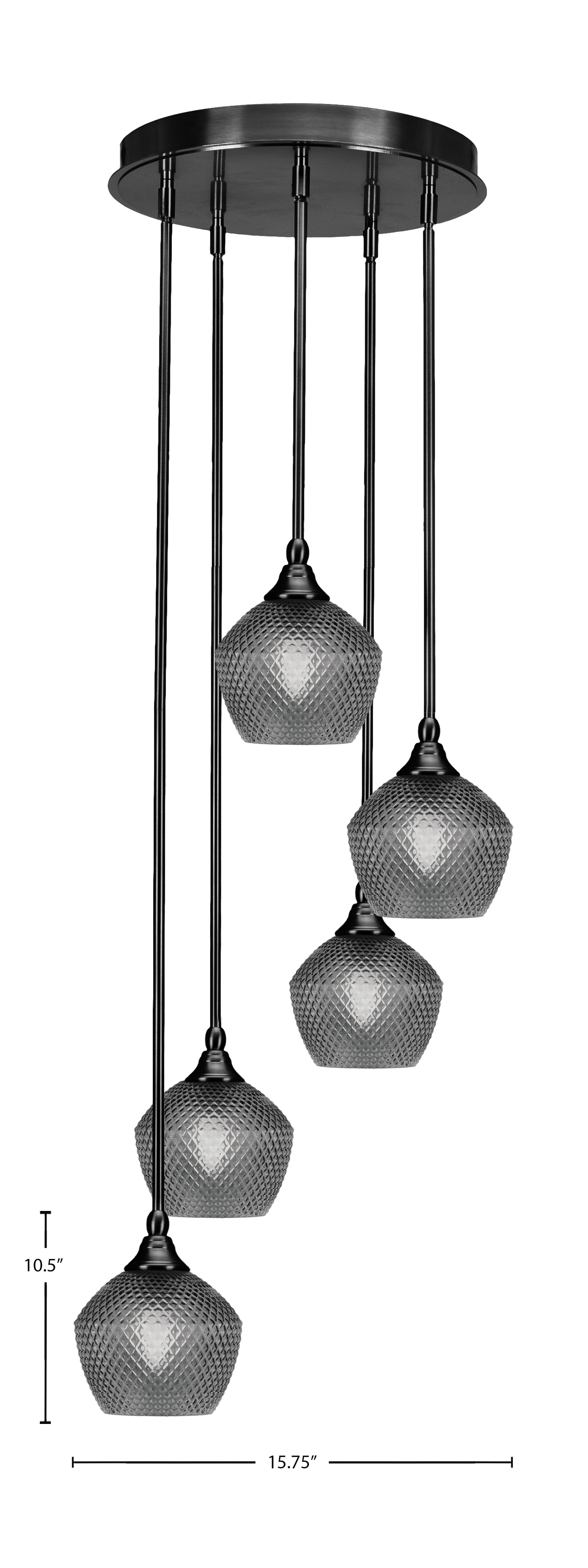 Empire Five Light Pendalier in Matte Black with Smoke Textured Shade