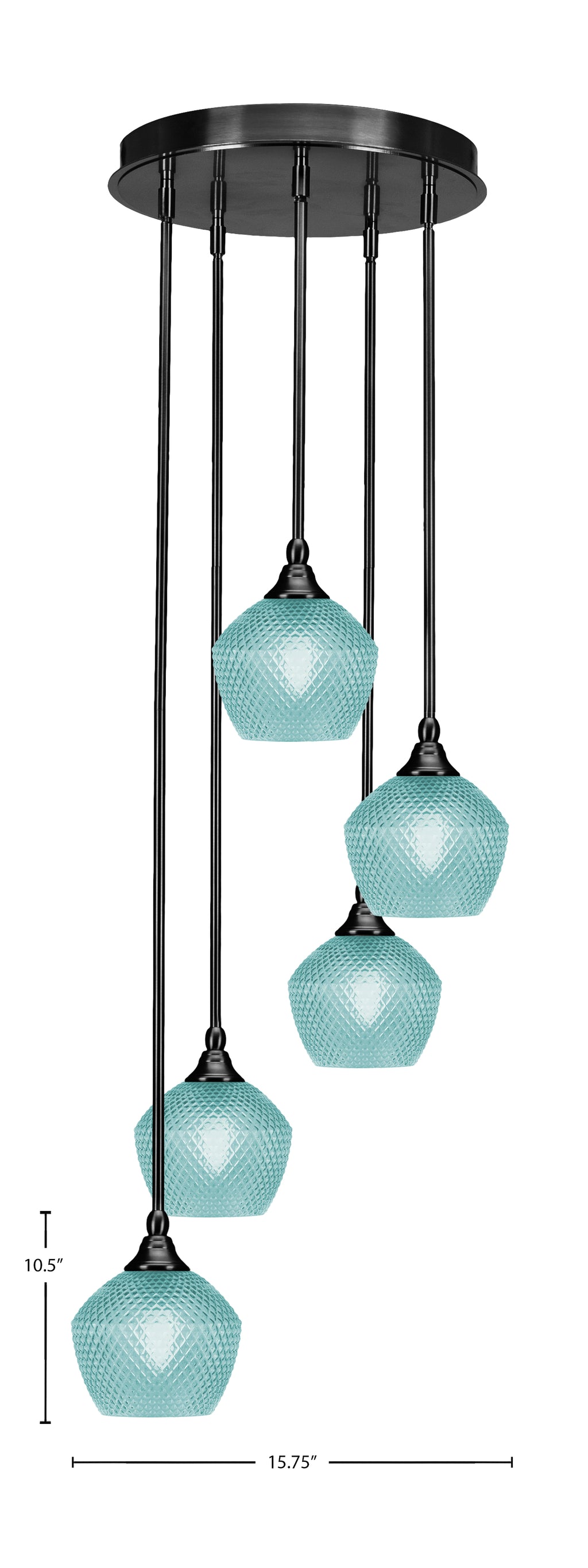 Empire Five Light Pendalier in Matte Black with Turquoise Textured Shade