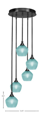 Empire Five Light Pendalier in Matte Black with Turquoise Textured Shade