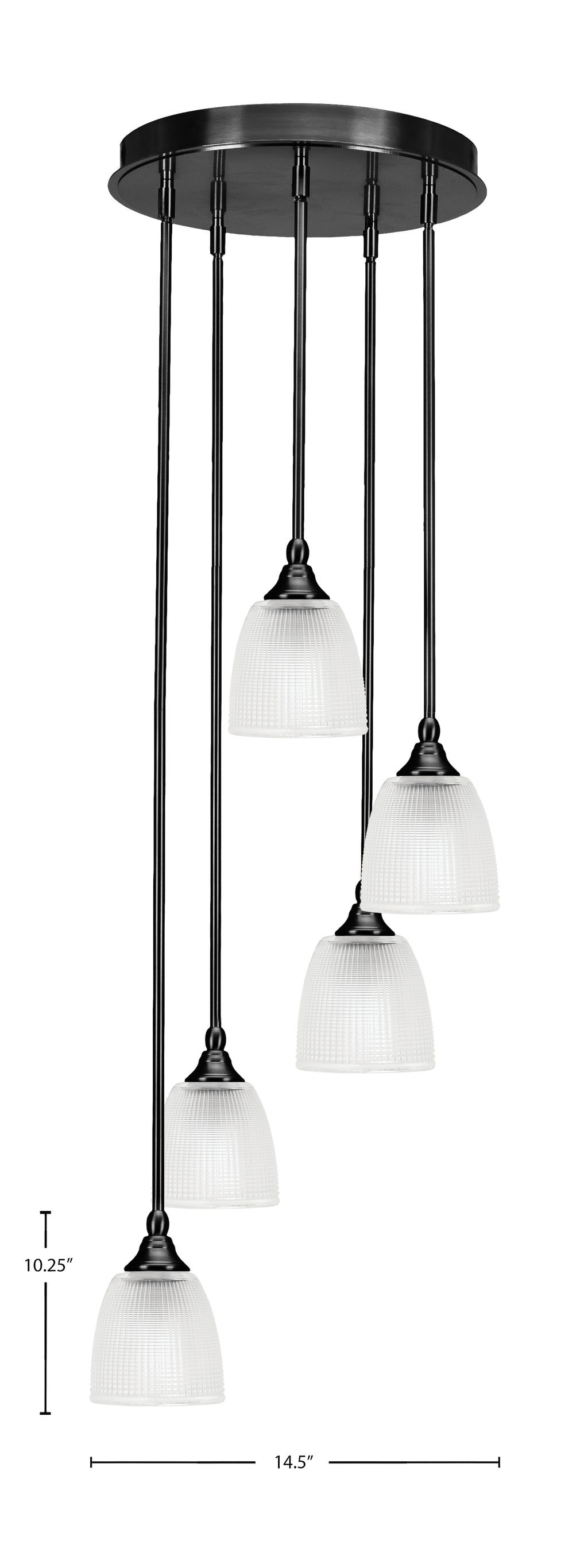 Empire Five Light Cluster Pendalier in Matte Black with 5" Clear Ribbed Shade