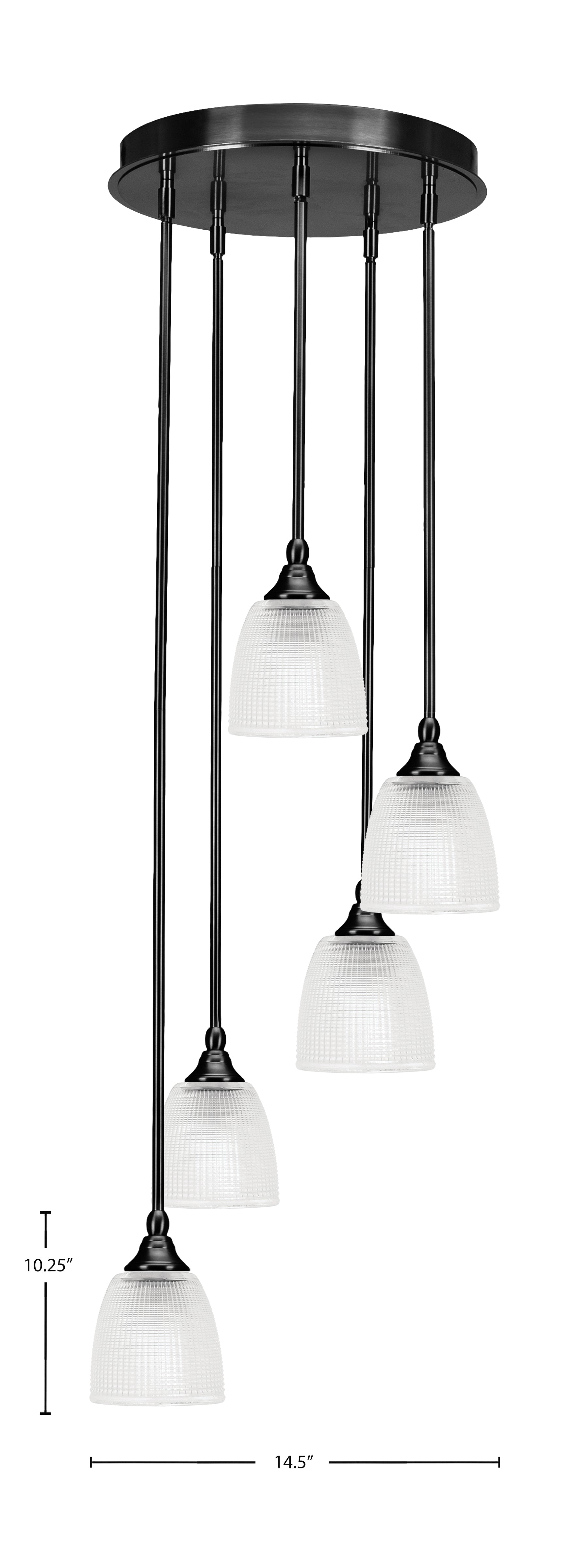 Empire Five Light Cluster Pendalier in Matte Black with 5" Clear Ribbed Shade