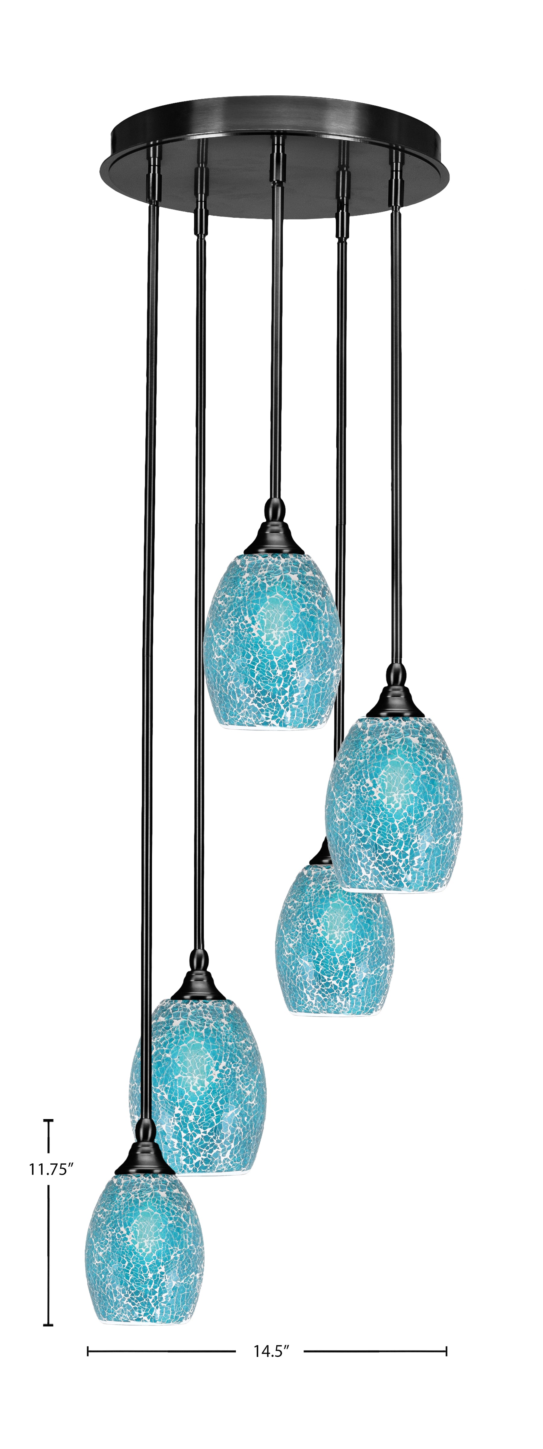 Empire Five Light Pendalier in Matte Black with 5" Turquoise Fusion Shade