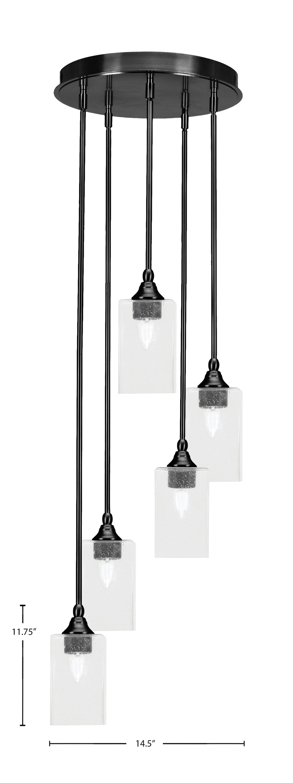 Empire Five Light Pendalier in Matte Black with 4" Square Clear Bubble Shade