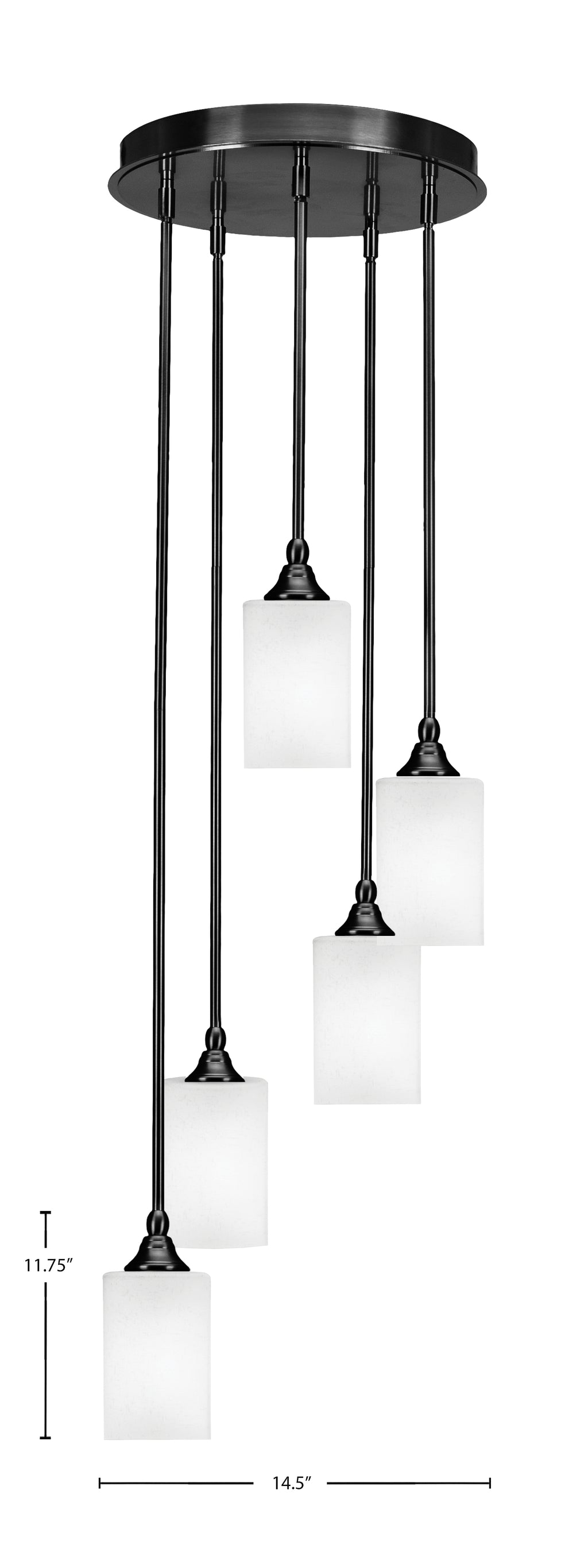 Empire Five Light Pendalier in Matte Black with 4" Square White Muslin Shade