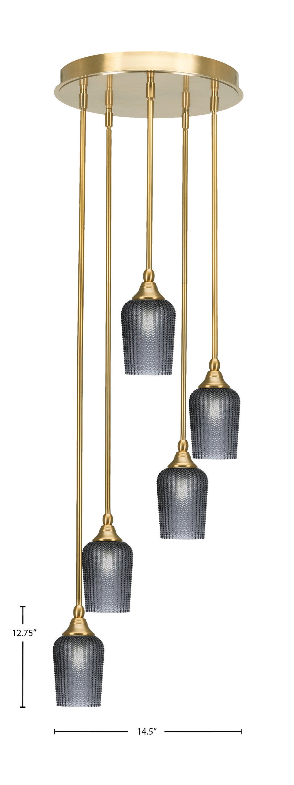 Empire Five Light Pendalier in New Age Brass with 5" Smoke Textured Shade